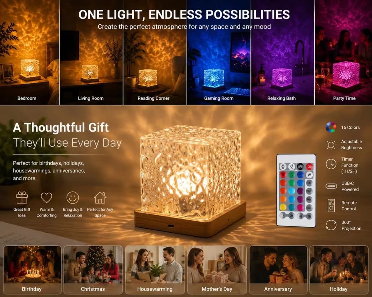 Aurora Lamp Water Ripple Night Light RGB 3D Crystal Ice Cube Atmosphere Lamp USB Touch Control Bedroom Decor Projection Light
