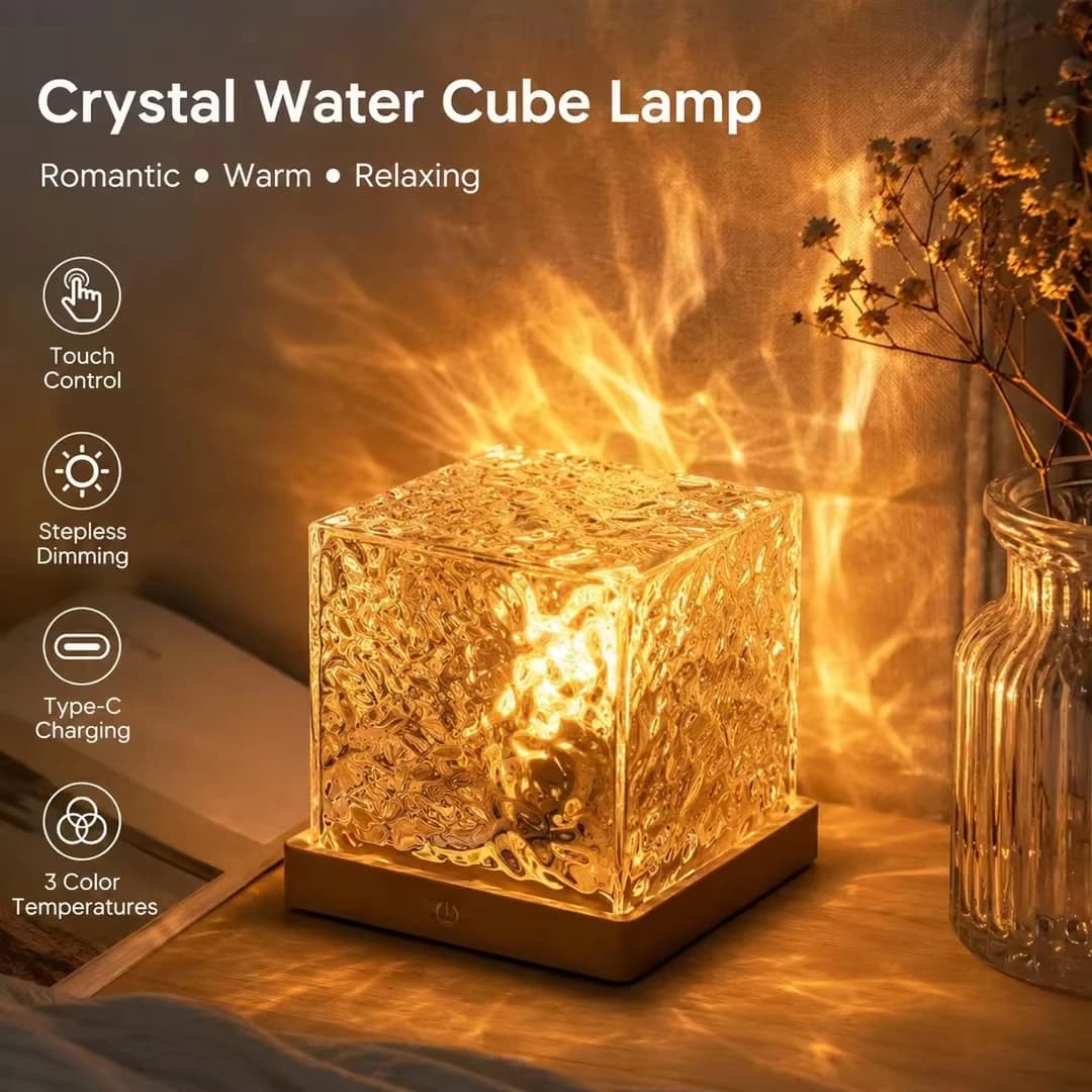 Aurora Lamp Water Ripple Night Light RGB 3D Crystal Ice Cube Atmosphere Lamp USB Touch Control Bedroom Decor Projection Light