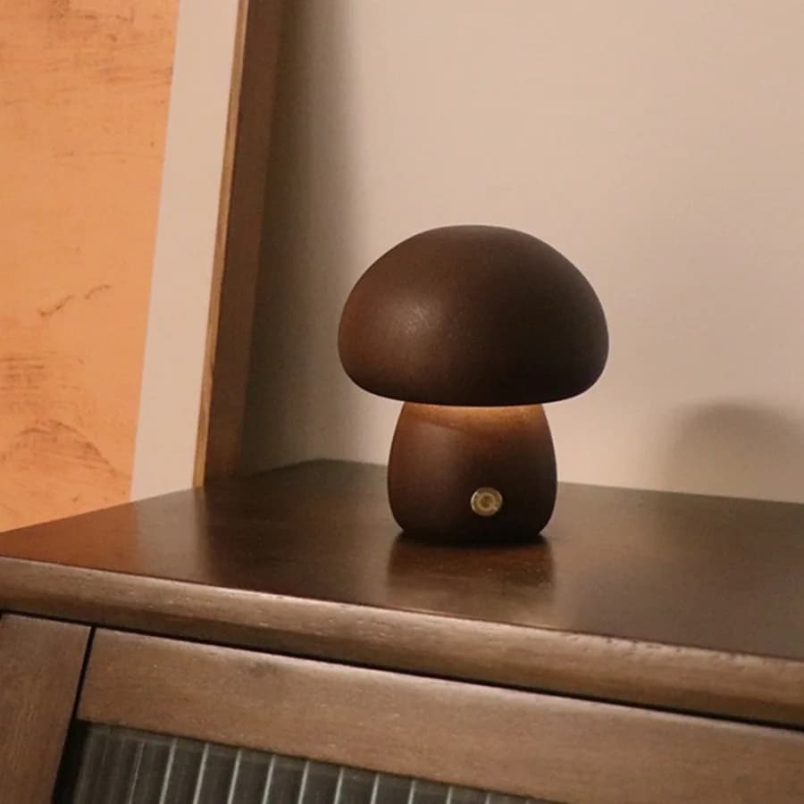 USB Rechargeable LED Desk Lamp Portable Mushroom Night Light Decoration with Touch Control Wooden Base for Living Room